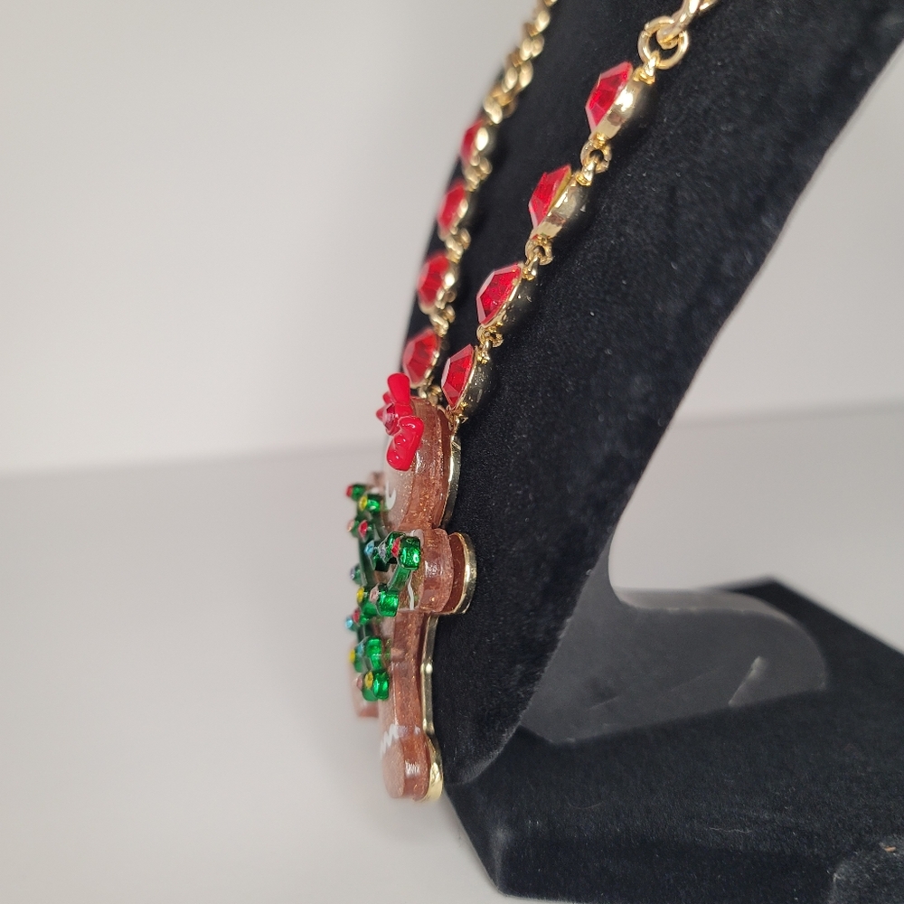 Betsey Johnson Gingerbread Girl Necklace & Earrings w/ red & green rhinestones - Picture 6 of 13